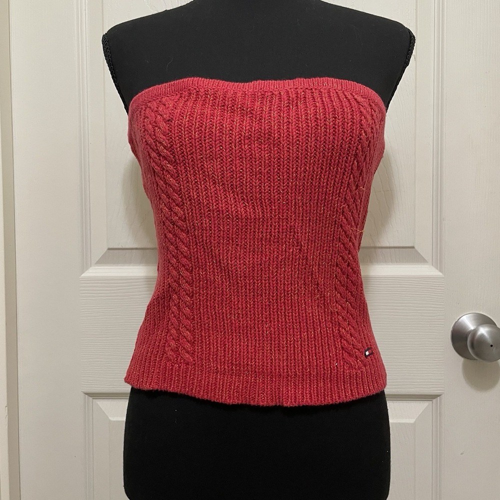 Vintage‎ Tommy Jeans Cable Knit Tube Top Red Gold Strapless 90s Y2K Hilfiger L
